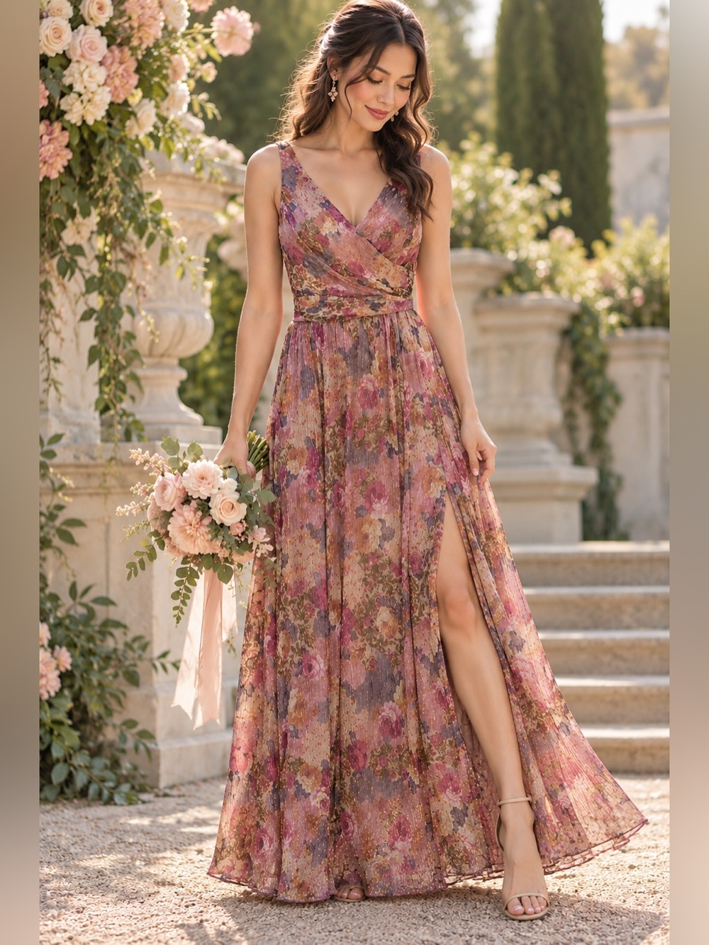 DB Studio Metallic Floral A-Line Maxi Dress Size 12 Pink Gold Wedding Guest Form